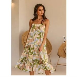 Girl And The Sun Sundress Leaf Print Midi Tiered Natural Resortwear Summer Small